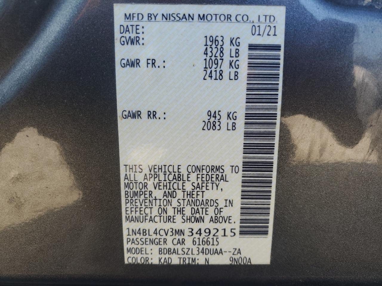 2021 Nissan Altima Sr VIN: 1N4BL4CV3MN349215 Lot: 86176184