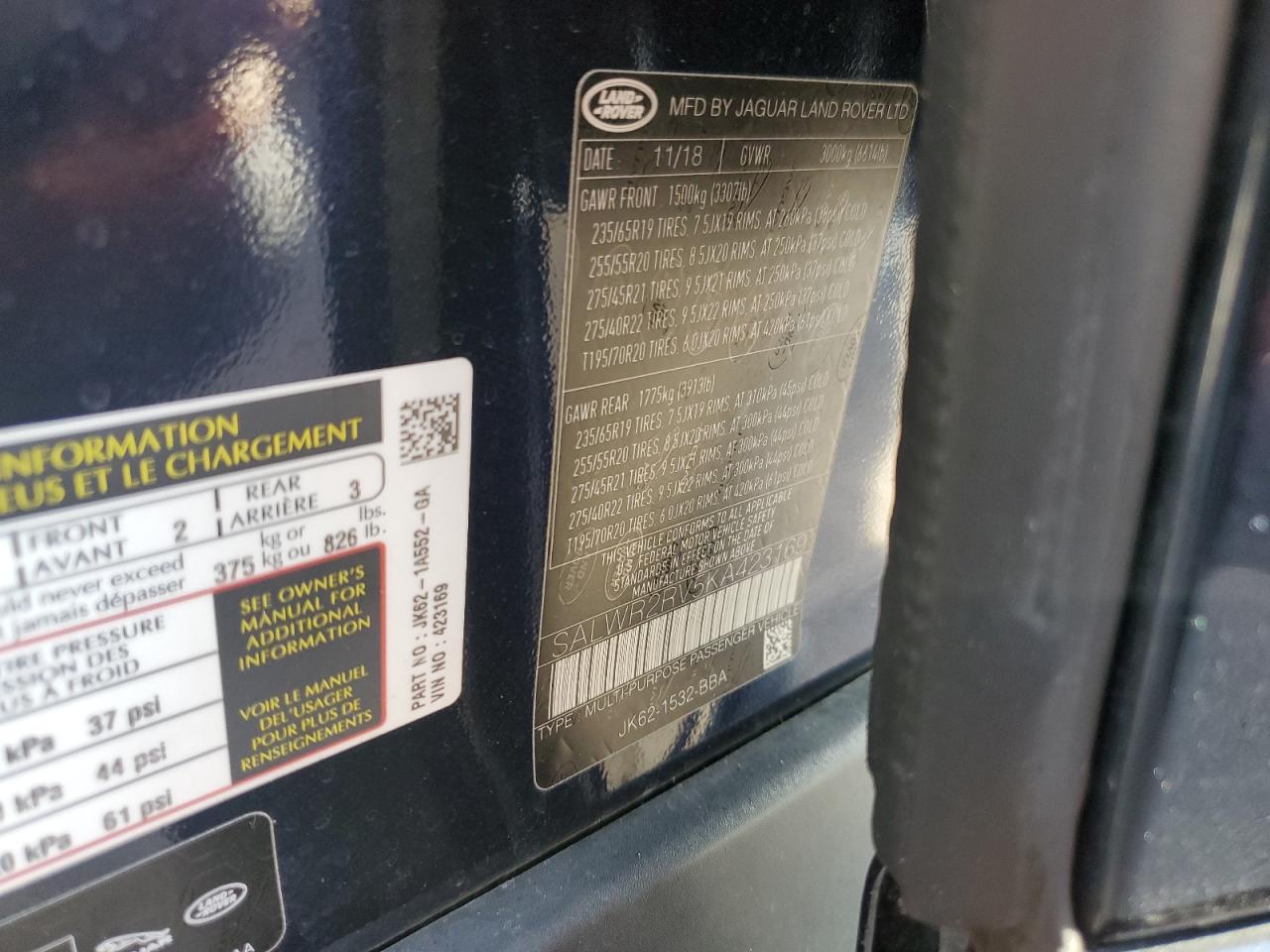 2019 Land Rover Range Rover Sport Hse VIN: SALWR2RV5KA423169 Lot: 79926124