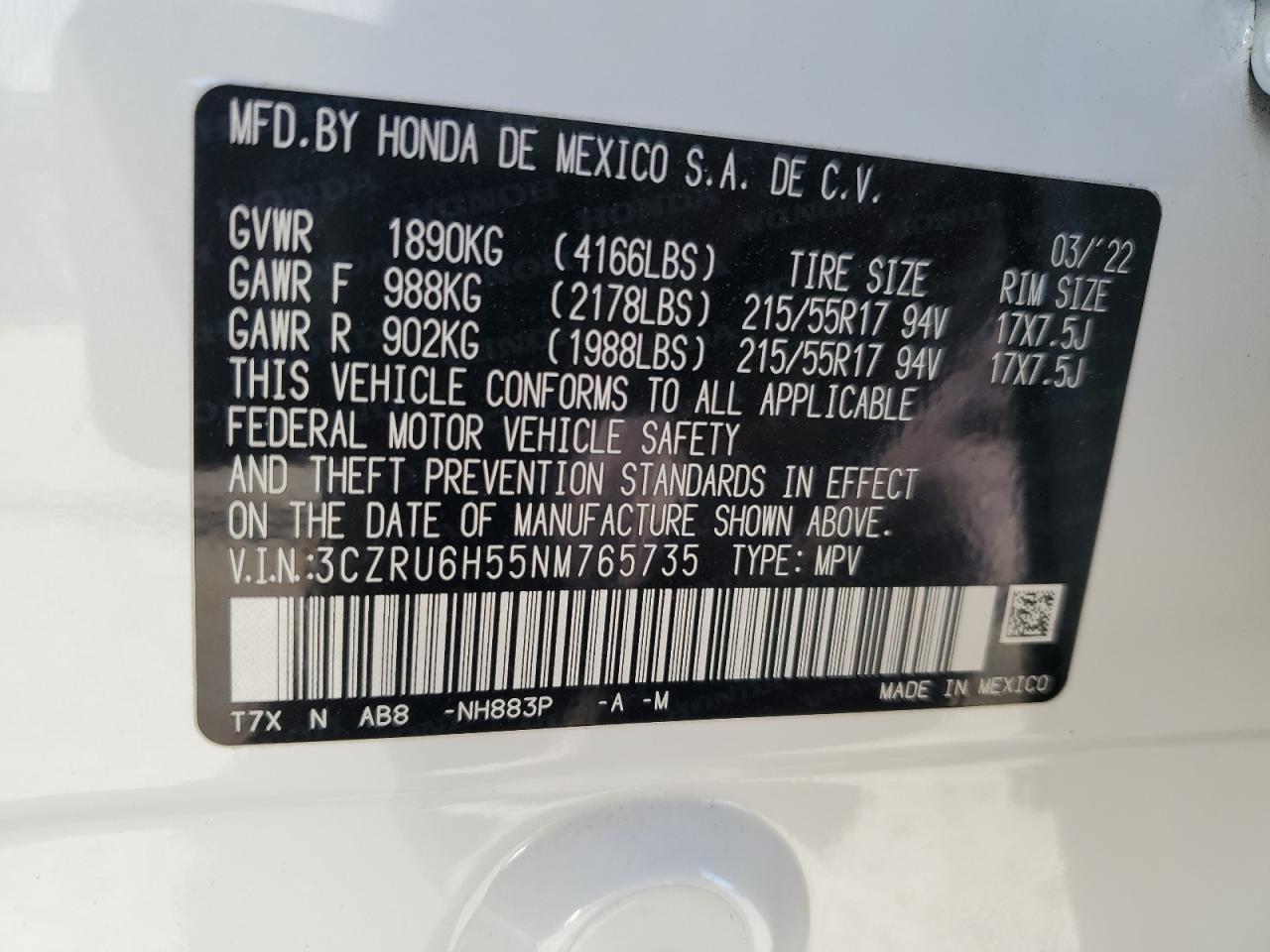 2022 Honda Hr-V Ex VIN: 3CZRU6H55NM765735 Lot: 86406264