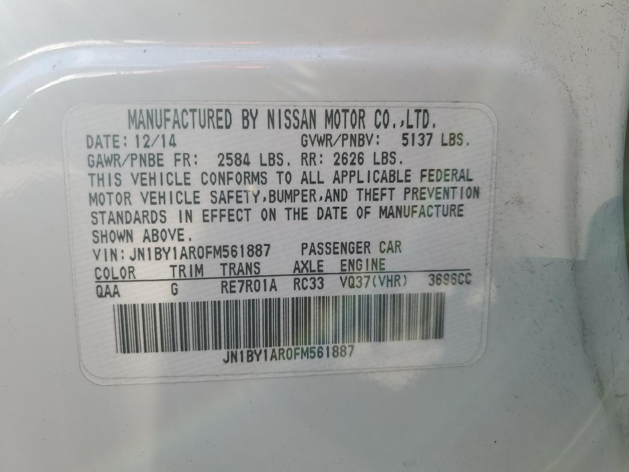 2015 Infiniti Q70 3.7 VIN: JN1BY1AR0FM561887 Lot: 82846014