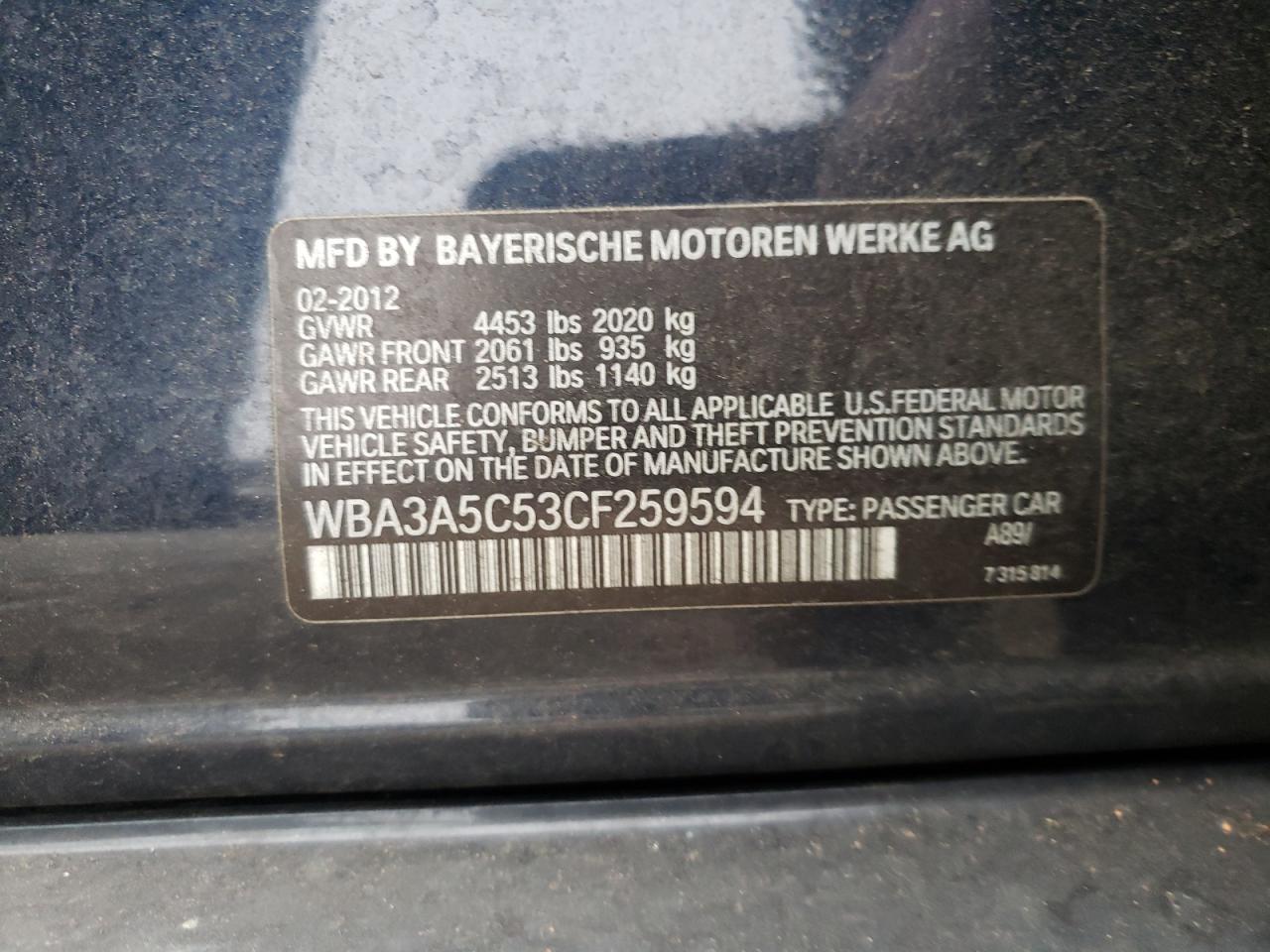 2012 BMW 328 I VIN: WBA3A5C53CF259594 Lot: 86636934