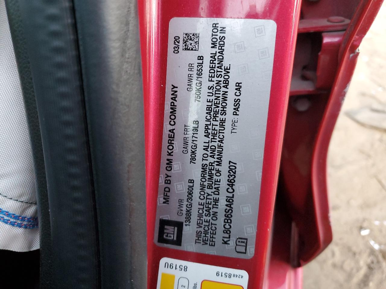 2020 Chevrolet Spark Ls VIN: KL8CB6SA6LC463207 Lot: 82704534