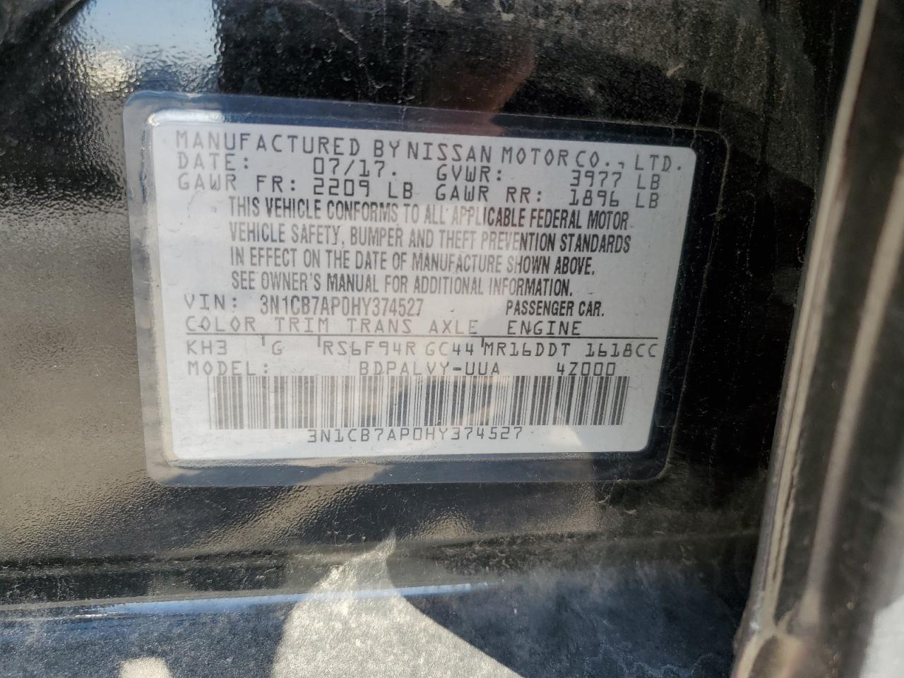 VIN 3N1CB7AP0HY374527 2017 NISSAN SENTRA no.12