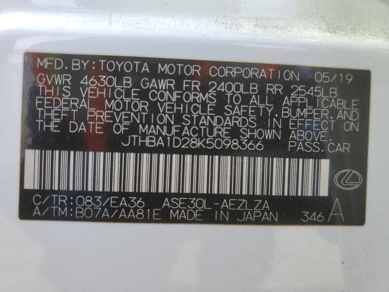 VIN JTHBA1D28K5098366 2019 LEXUS IS no.12