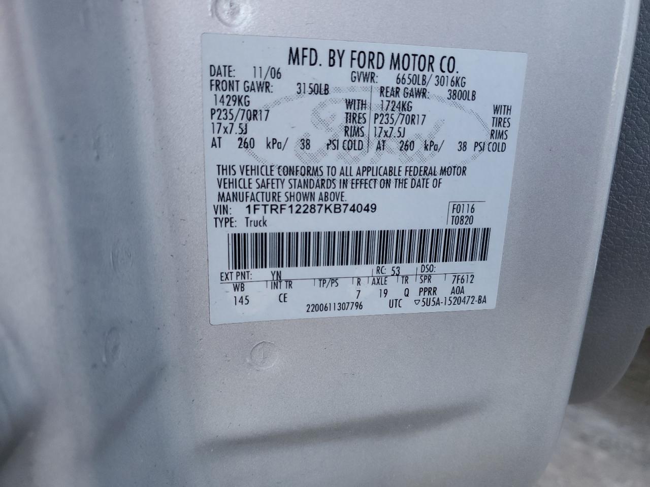 2007 Ford F150 VIN: 1FTRF12287KB74049 Lot: 56174565