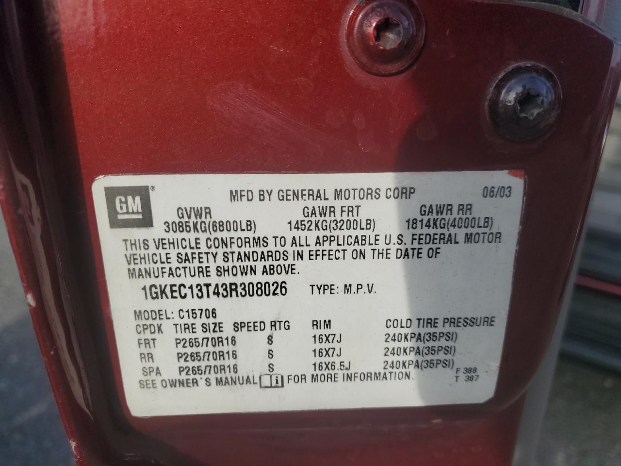 2003 GMC Yukon VIN: 1GKEC13T43R308026 Lot: 82938024