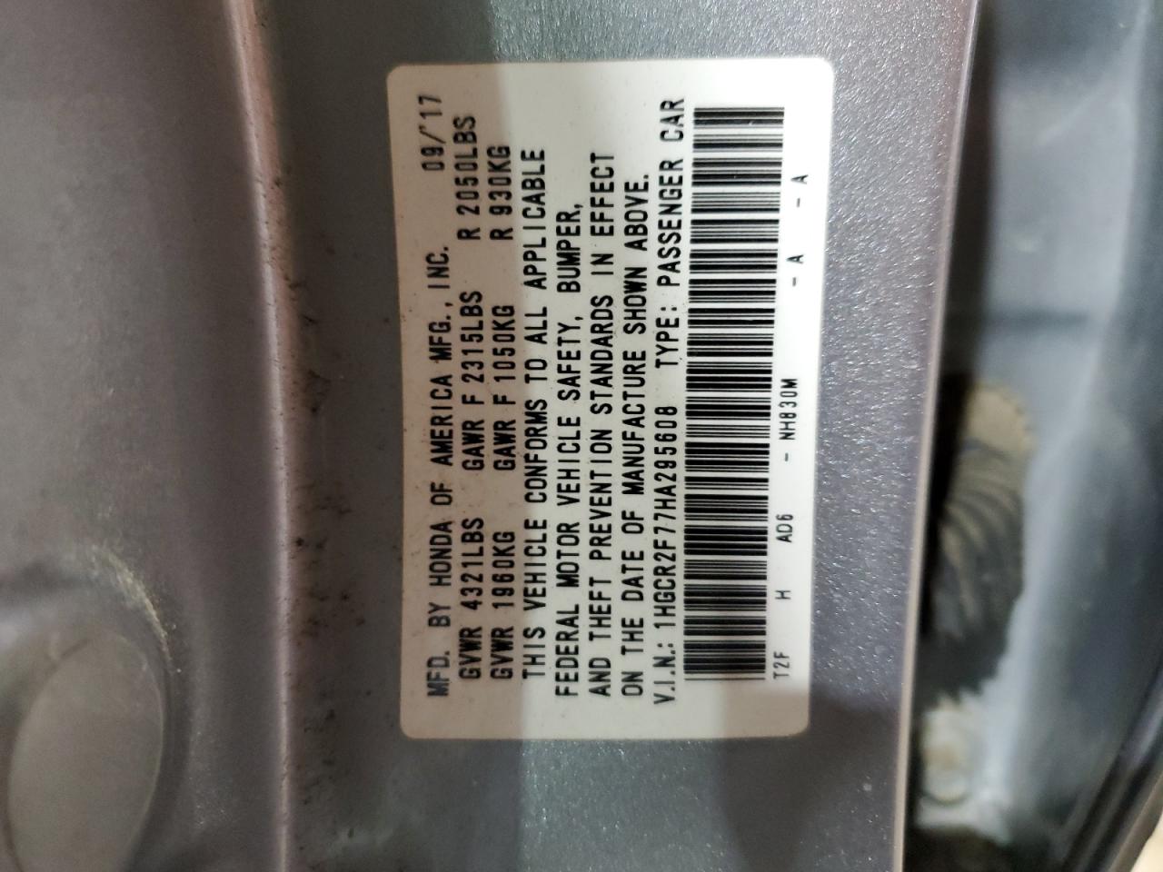 VIN 1HGCR2F77HA295608 2017 HONDA ACCORD no.12