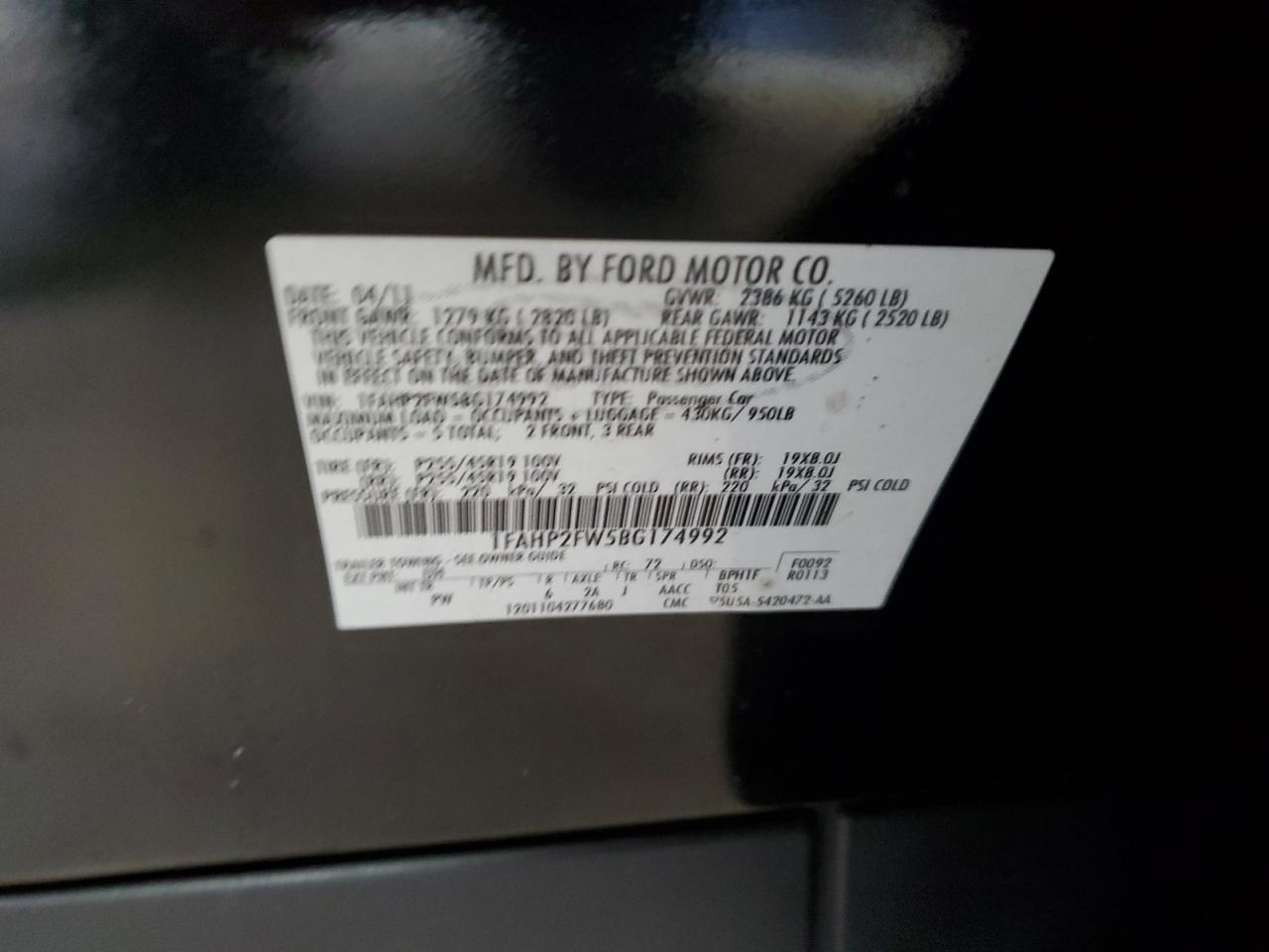 2011 Ford Taurus Limited VIN: 1FAHP2FW5BG174992 Lot: 85150824