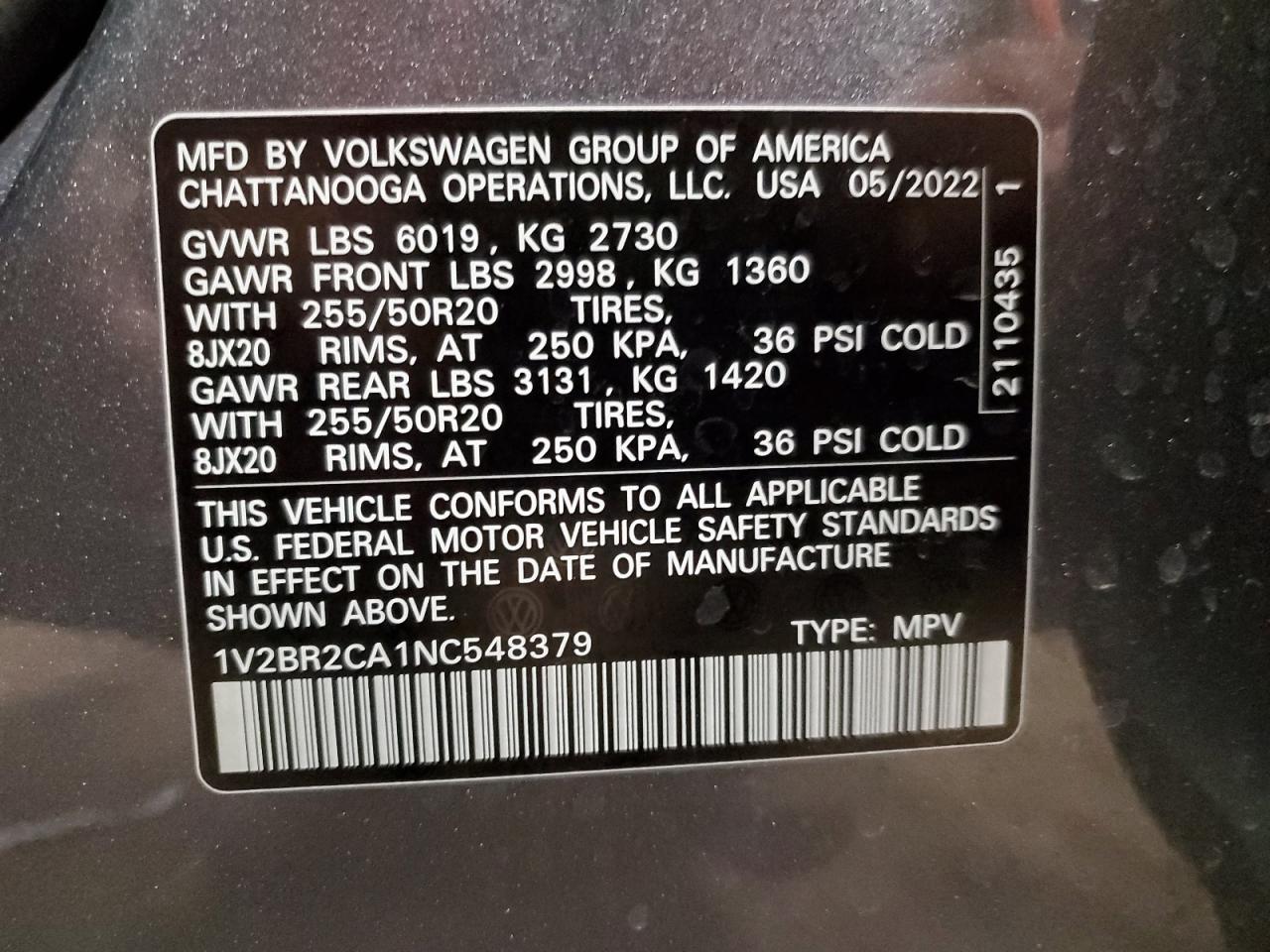 2022 Volkswagen Atlas Sel VIN: 1V2BR2CA1N548379 Lot: 85707204