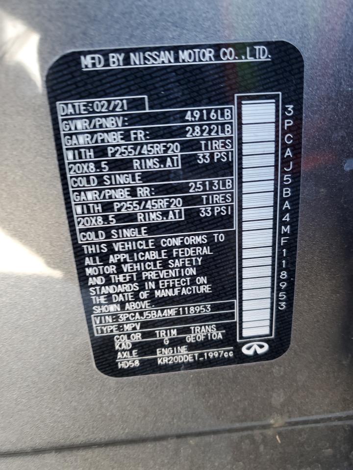 2021 Infiniti Qx50 Luxe VIN: 3PCAJ5BA4MF118953 Lot: 85738154