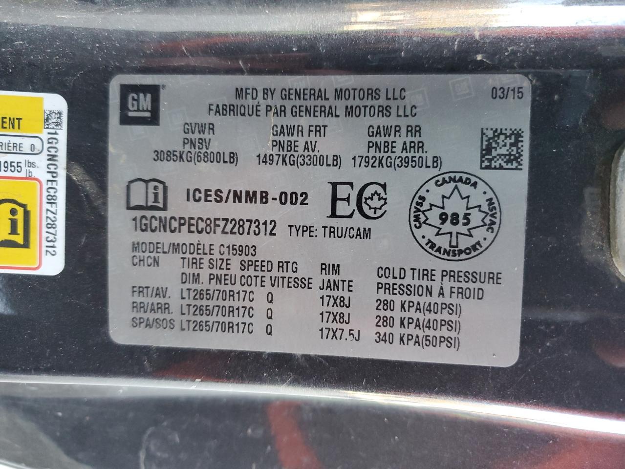 2015 Chevrolet Silverado C1500 VIN: 1GCNCPEC8FZ287312 Lot: 82843234
