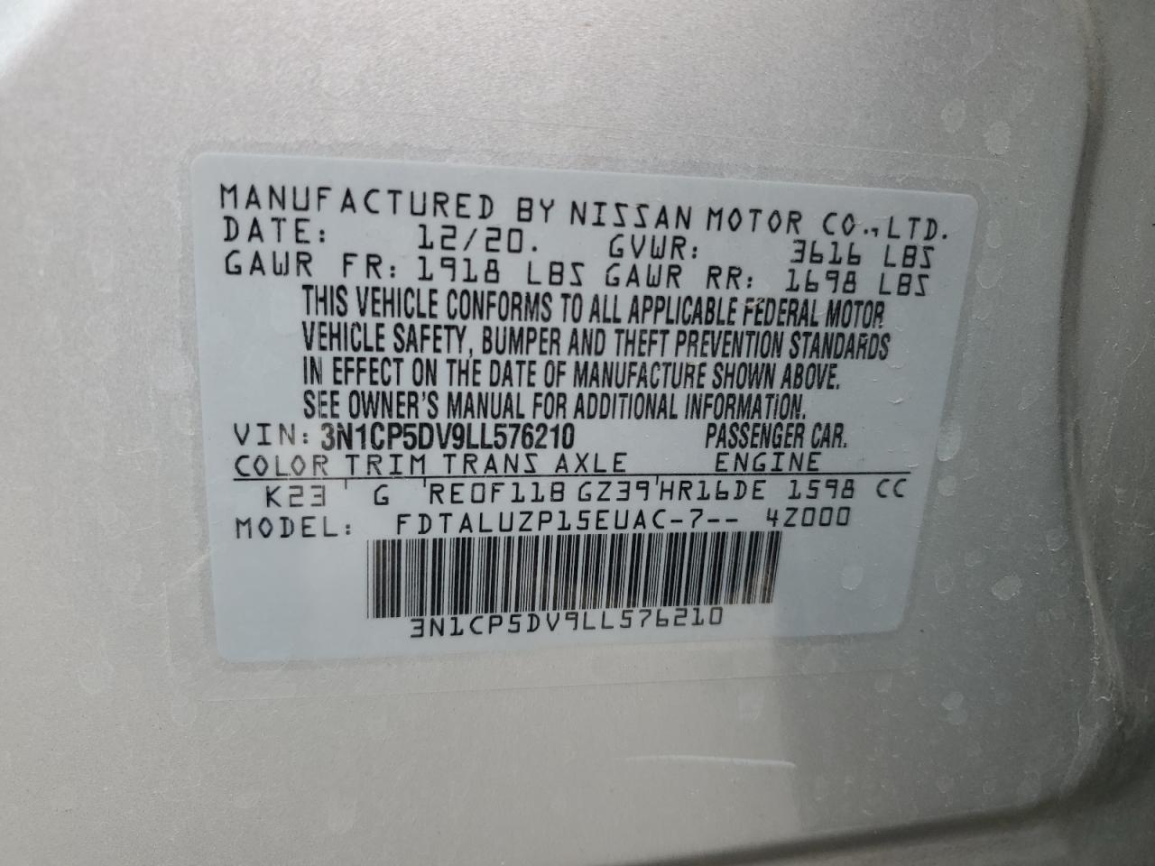 2020 Nissan Kicks Sr VIN: 3N1CP5DV9LL576210 Lot: 84757594