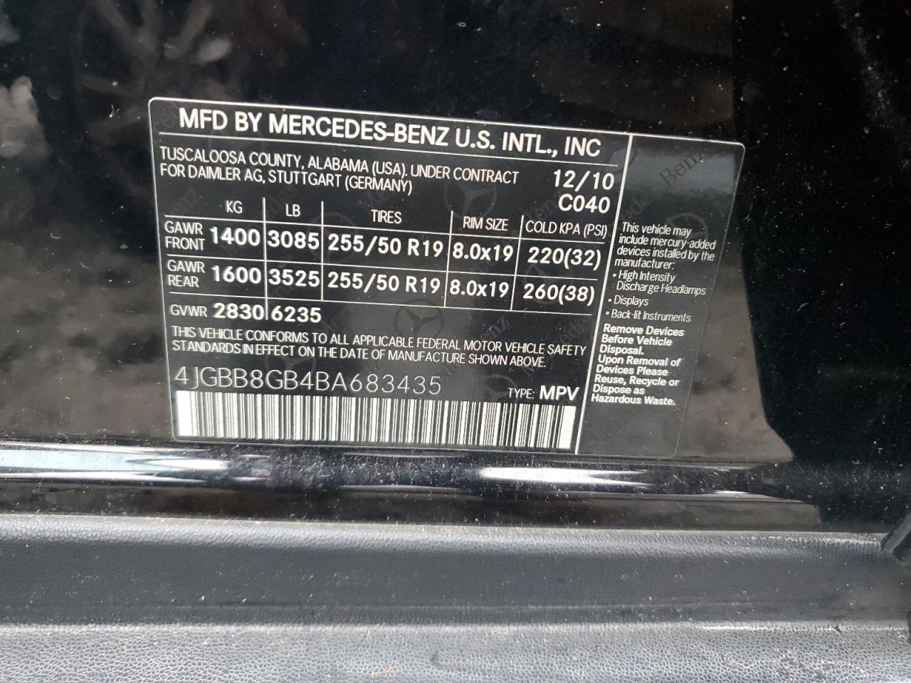 2011 Mercedes-Benz Ml 350 4Matic VIN: 4JGBB8GB4BA683435 Lot: 61982245