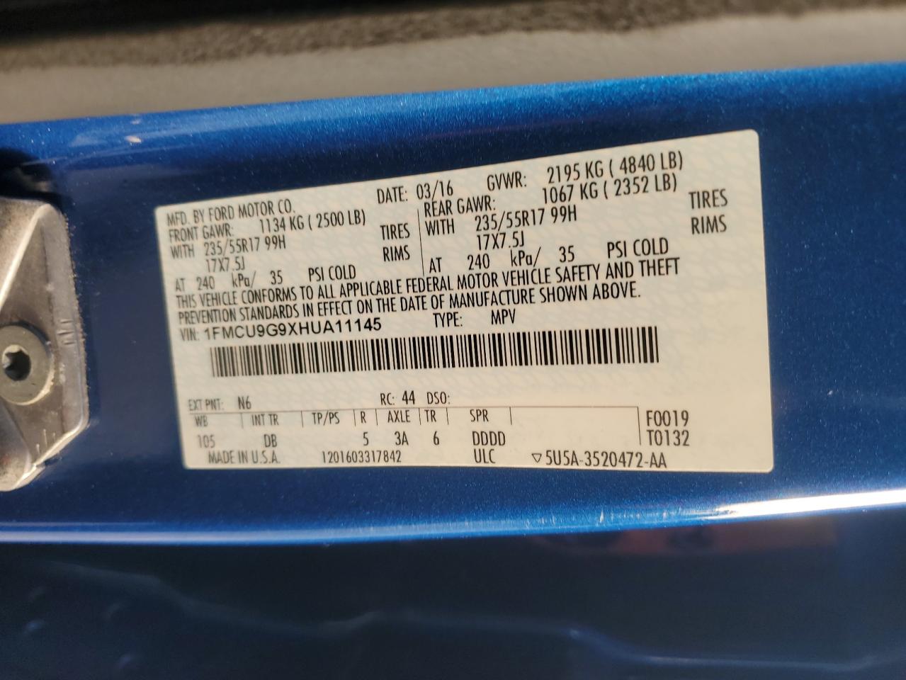 2017 Ford Escape Se VIN: 1FMCU9G9XHUA11145 Lot: 86125734