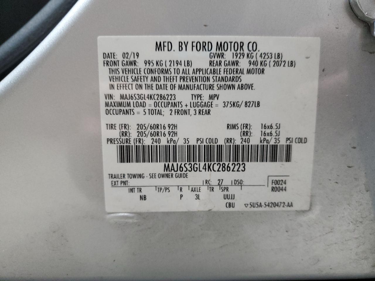 VIN MAJ6S3GL4KC286223 2019 FORD ECOSPORT no.13