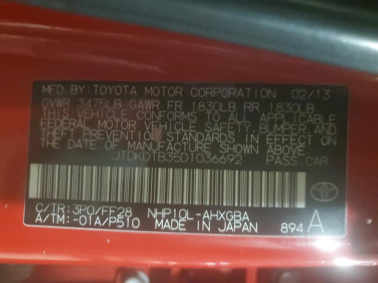 VIN JTDKDTB35D1036692 2013 TOYOTA PRIUS no.13