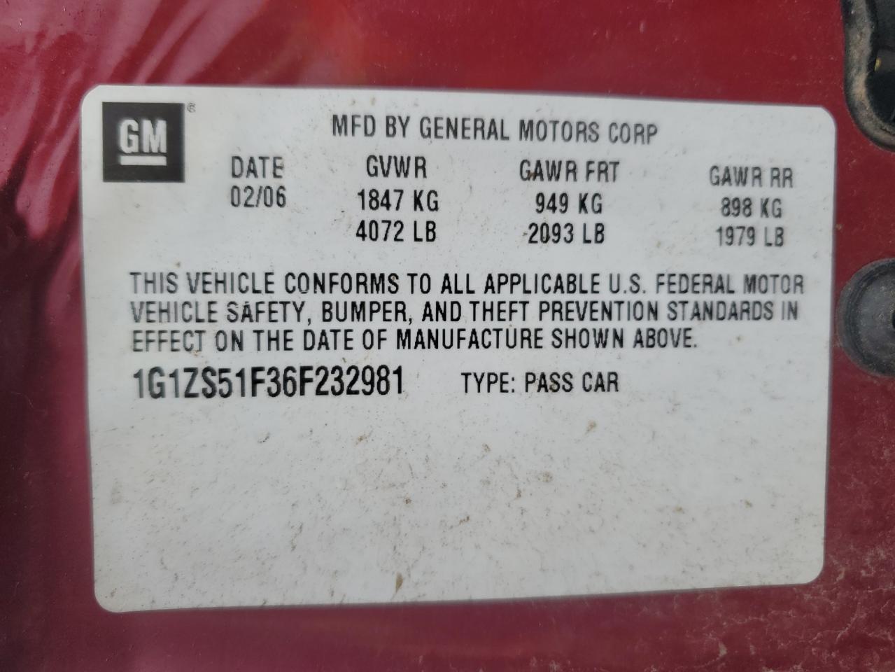 2006 Chevrolet Malibu Ls VIN: 1G1ZS51F36F232981 Lot: 86139704