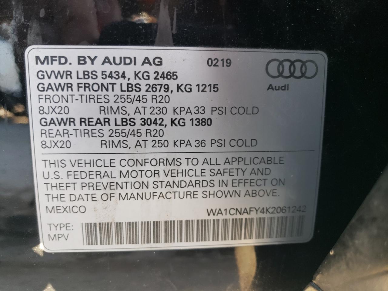 VIN WA1CNAFY4K2061242 2019 AUDI Q5 no.14