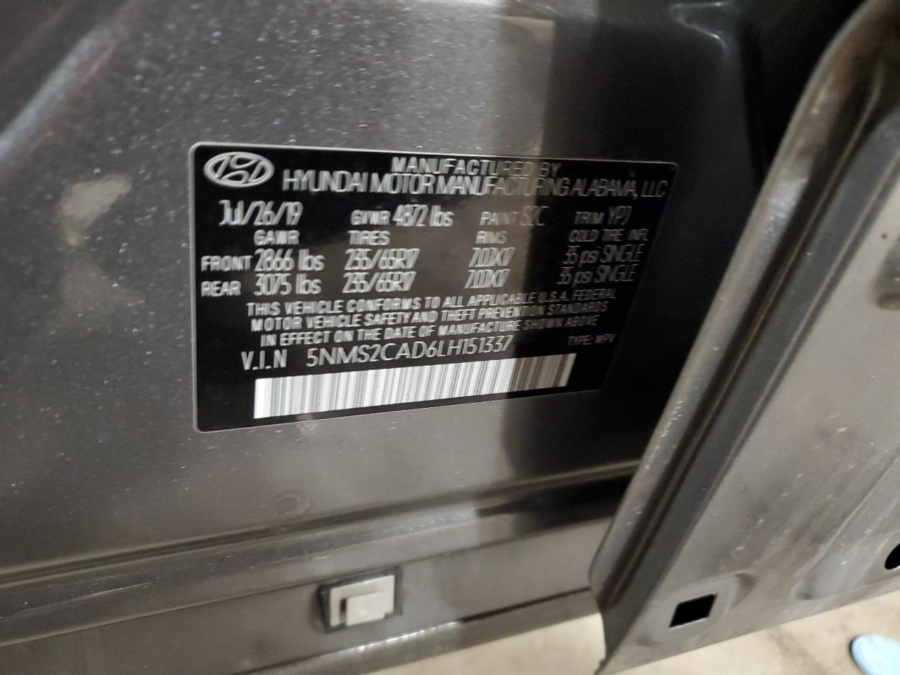 2020 Hyundai Santa Fe Se VIN: 5NMS2CAD6LH151337 Lot: 84951424