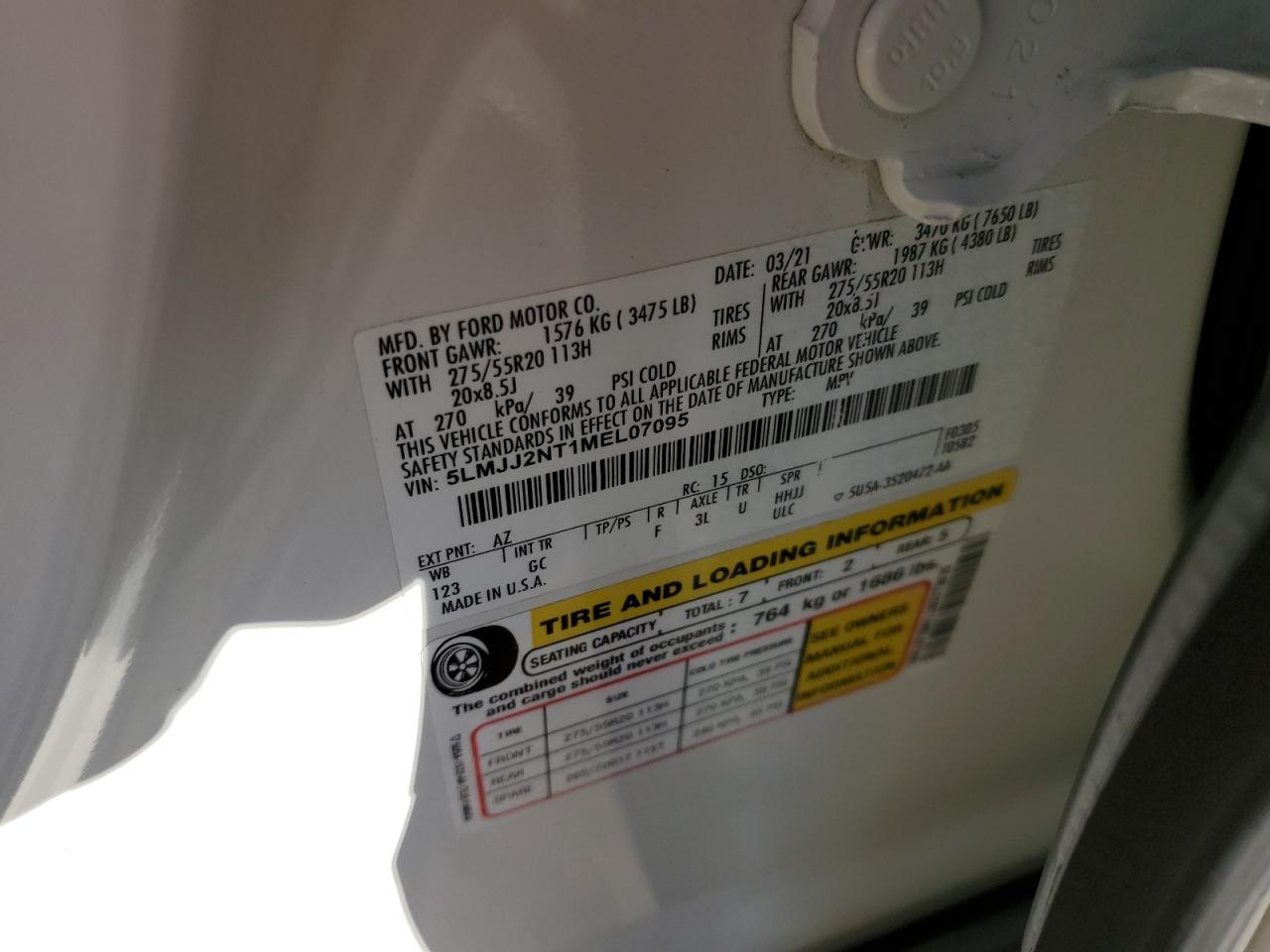 2021 Lincoln Navigator VIN: 5LMJJ2NT1MEL07095 Lot: 85254274