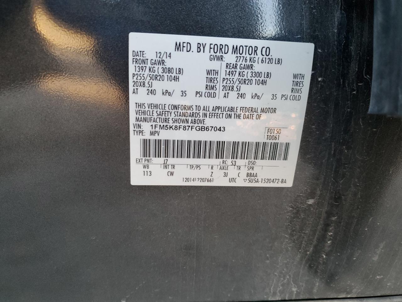 2015 Ford Explorer Limited VIN: 1FM5K8F87FGB67043 Lot: 83247304