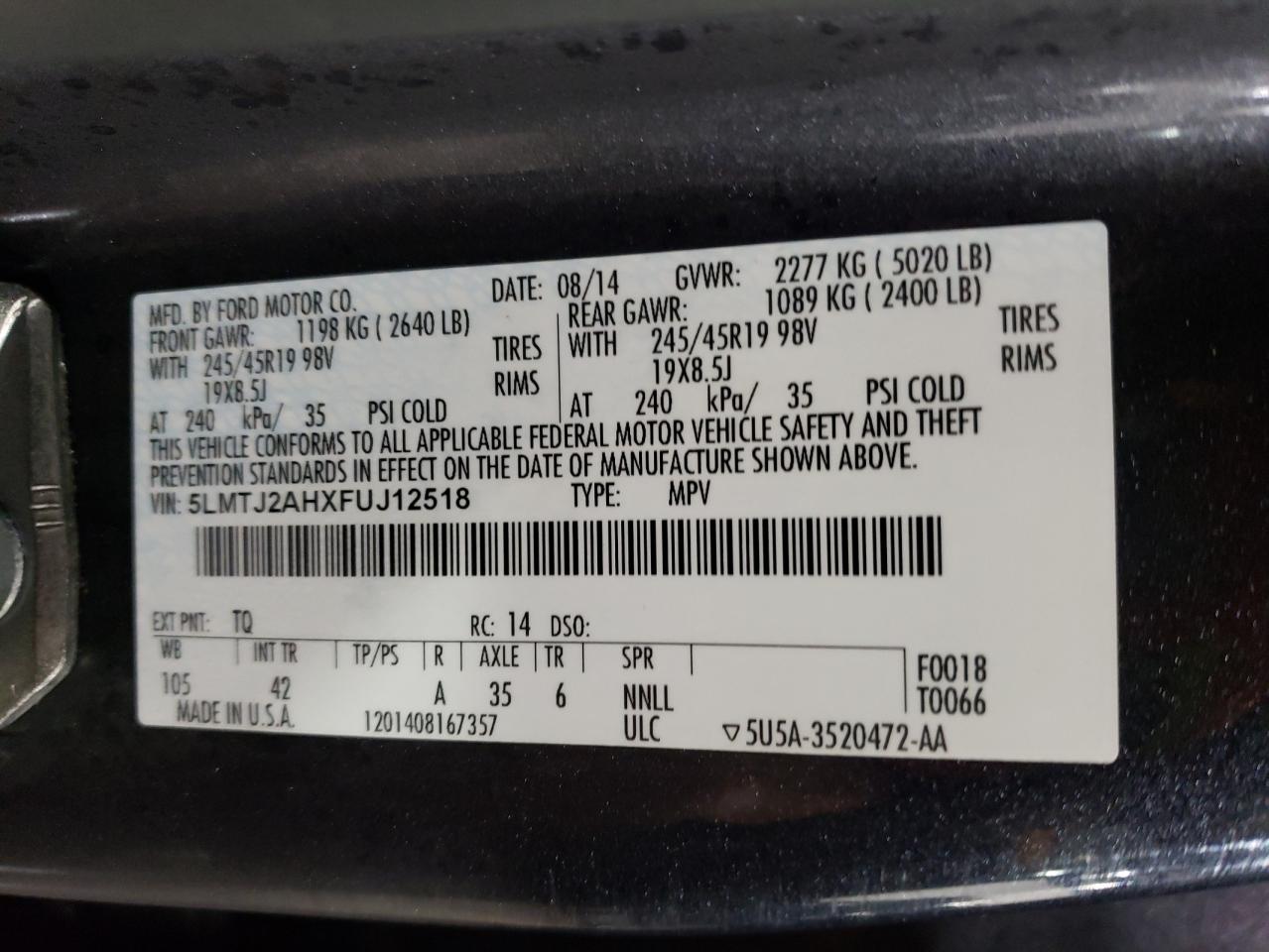 2015 Lincoln Mkc VIN: 5LMTJ2AHXFUJ12518 Lot: 85766644