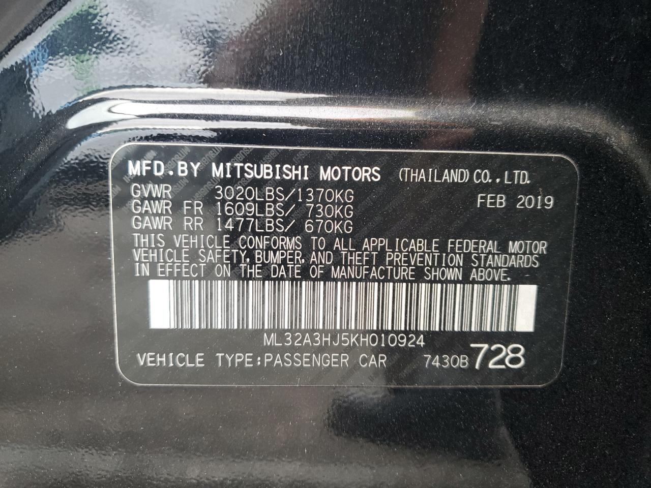 VIN ML32A3HJ5KH010924 2019 MITSUBISHI MIRAGE no.12