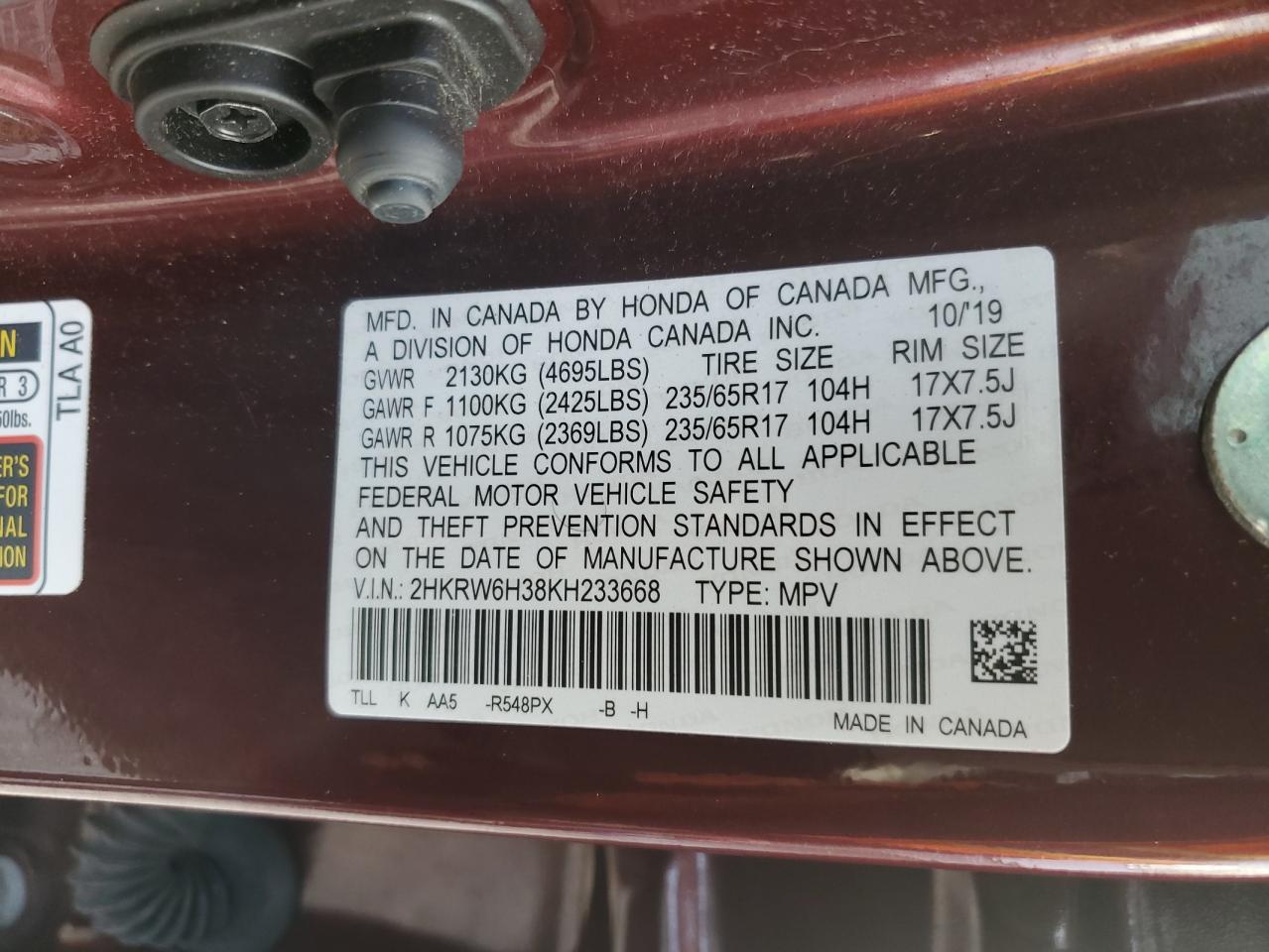 VIN 2HKRW6H38KH233668 2019 HONDA CRV no.13