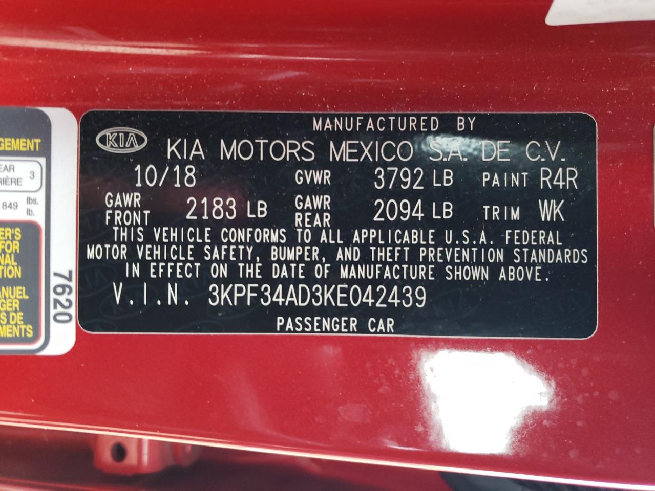 VIN 3KPF34AD3KE042439 2019 KIA FORTE no.12