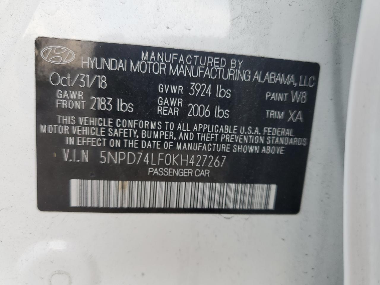 VIN 5NPD74LF0KH427267 2019 HYUNDAI ELANTRA no.12