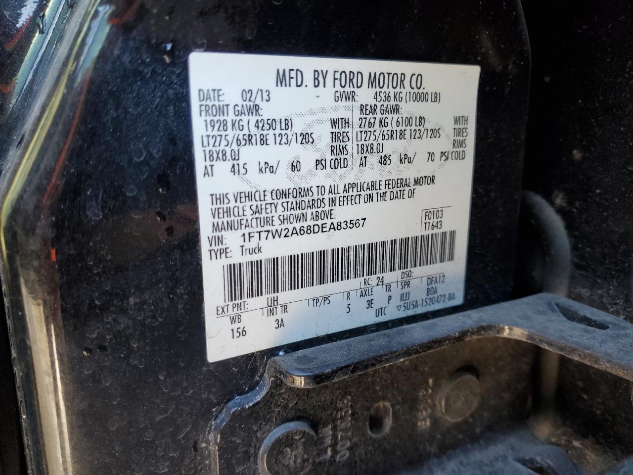 2013 Ford F250 Super Duty VIN: 1FT7W2A68DEA83567 Lot: 84656504