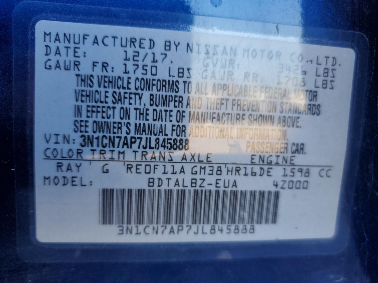 VIN 3N1CN7AP7JL845888 2018 NISSAN VERSA no.12