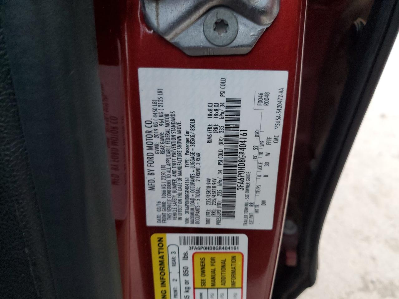 2016 Ford Fusion Se VIN: 3FA6P0HD8GR404161 Lot: 85743614