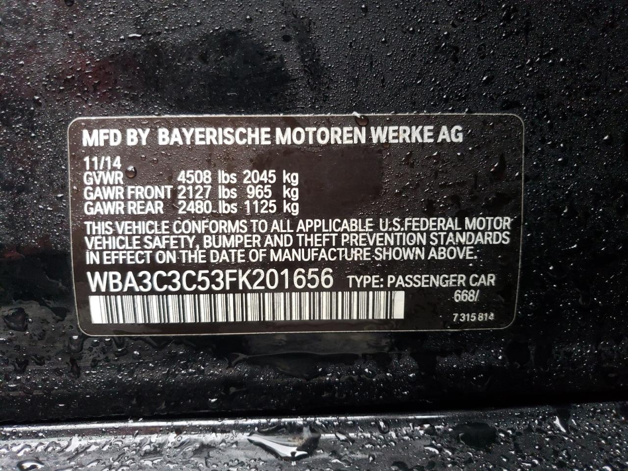 VIN WBA3C3C53FK201656 2015 BMW 3 SERIES no.12