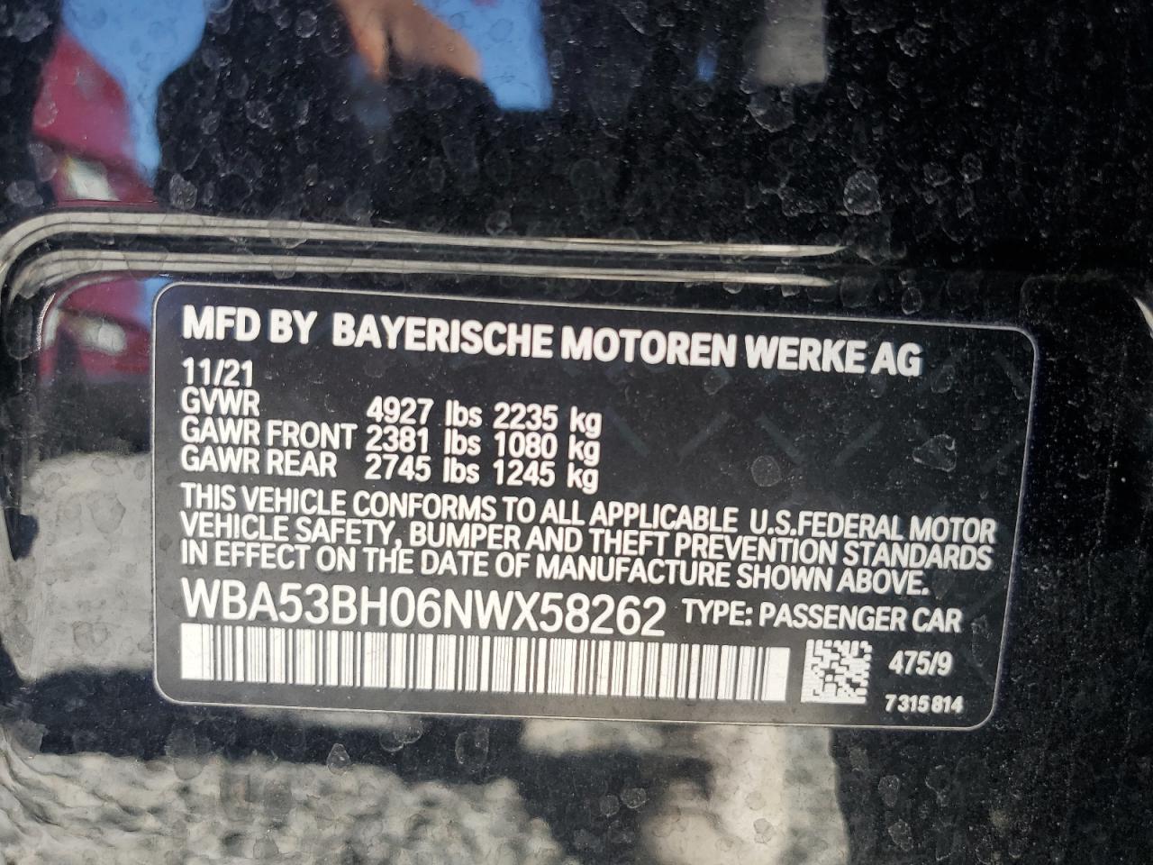 VIN WBA53BH06NWX58262 2022 BMW 5 SERIES no.12