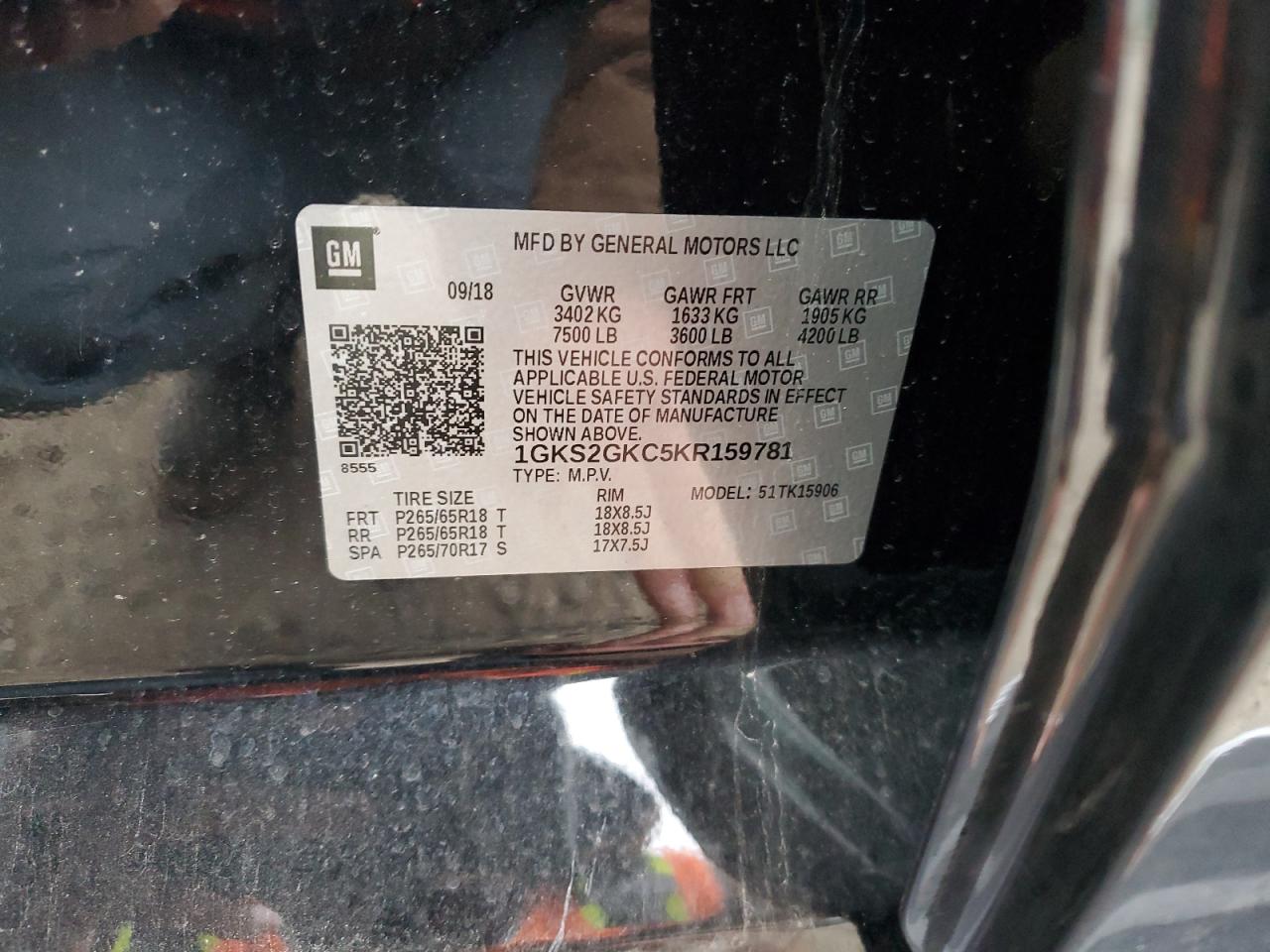 2019 GMC Yukon Xl K1500 Slt VIN: 1GKS2GKC5KR159781 Lot: 84168734
