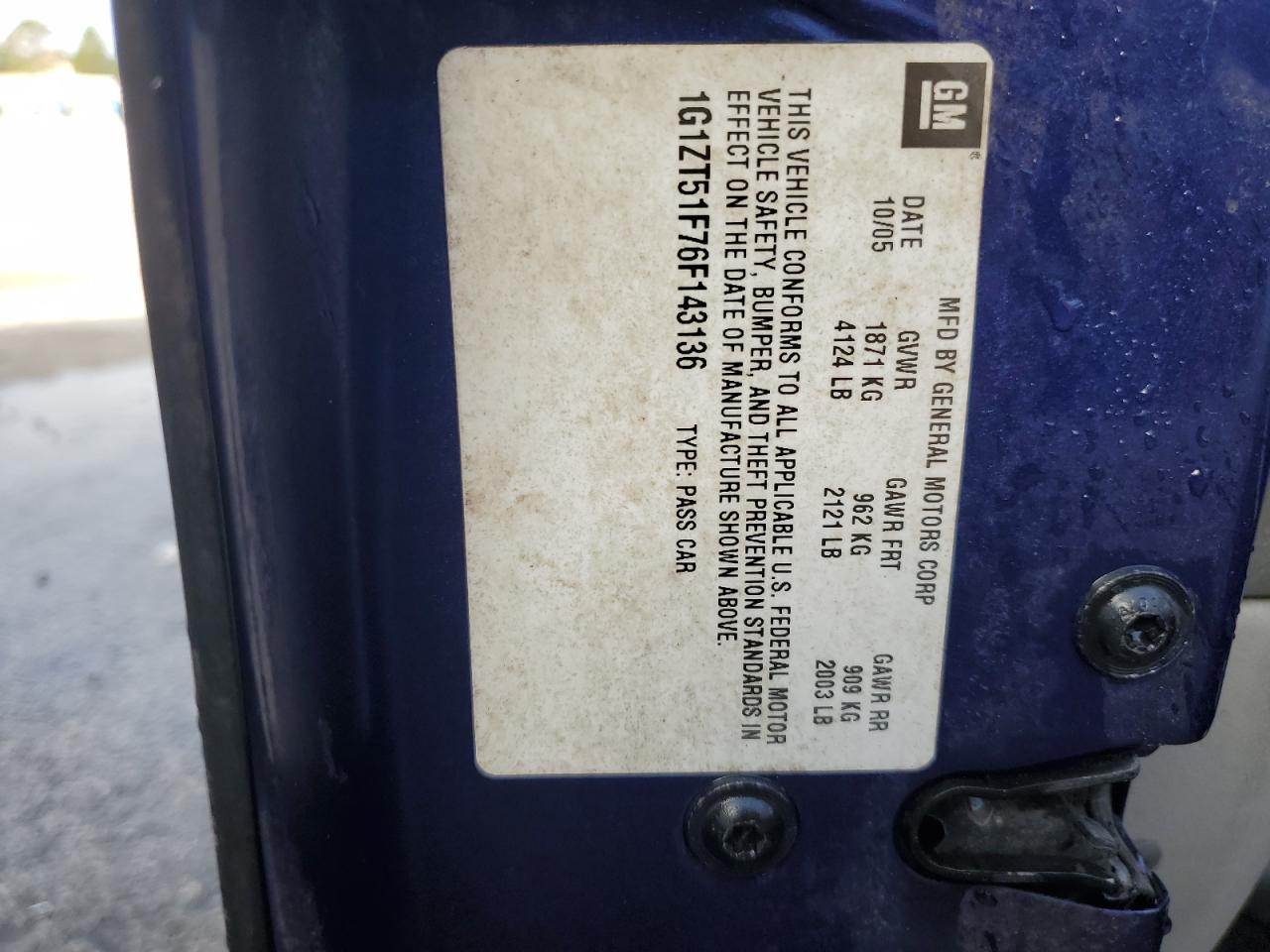 2006 Chevrolet Malibu Lt VIN: 1G1ZT51F76F143136 Lot: 86200114