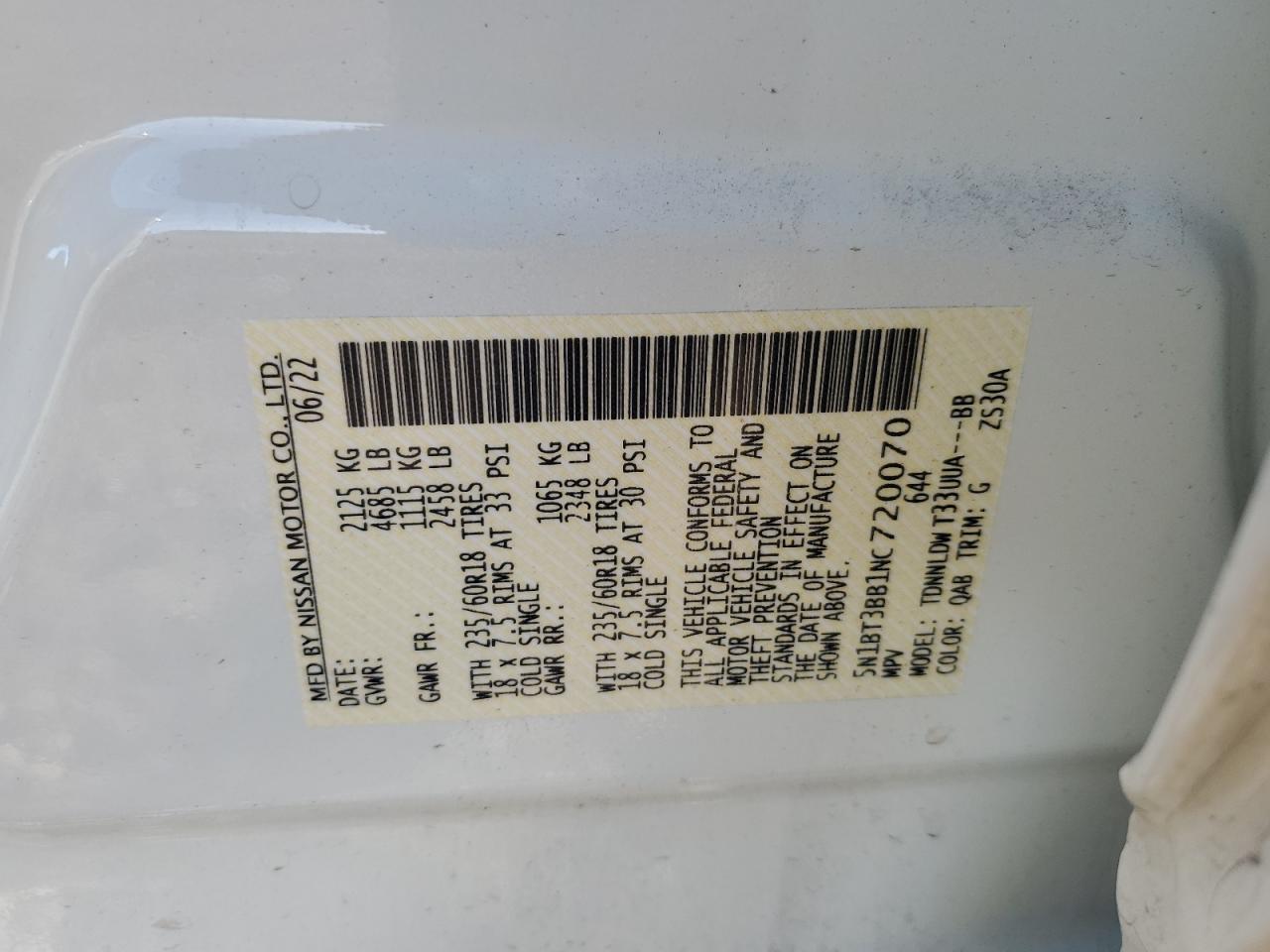 2022 Nissan Rogue Sv VIN: 5N1BT3BB1NC720070 Lot: 85521734