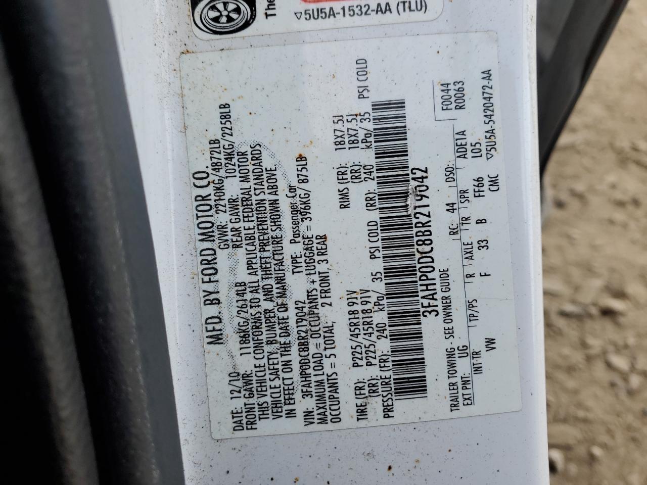 2011 Ford Fusion Sport VIN: 3FAHP0DC8BR219042 Lot: 83843744