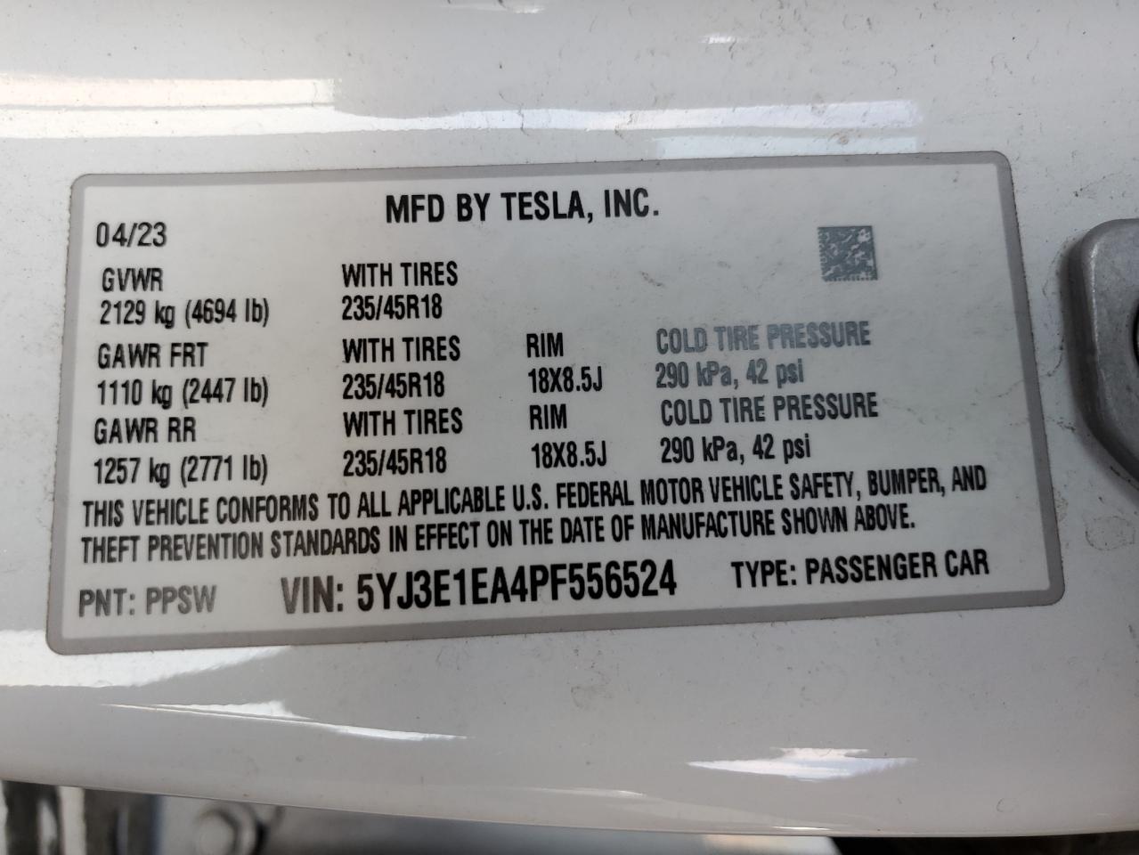 2023 Tesla Model 3 VIN: 5YJ3E1EA4PF556524 Lot: 70448004