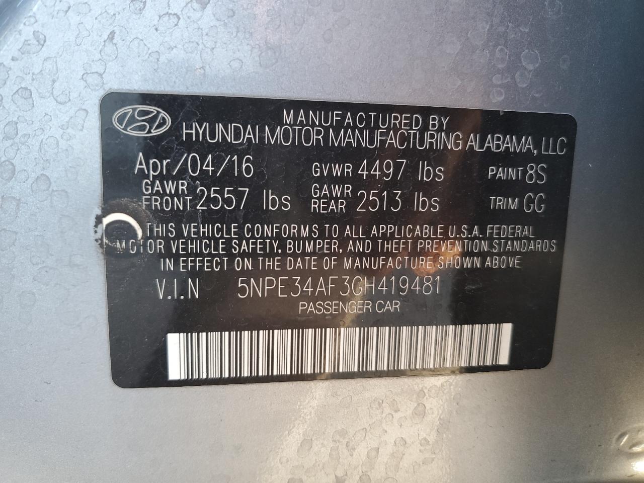 VIN 5NPE34AF3GH419481 2016 HYUNDAI SONATA no.12