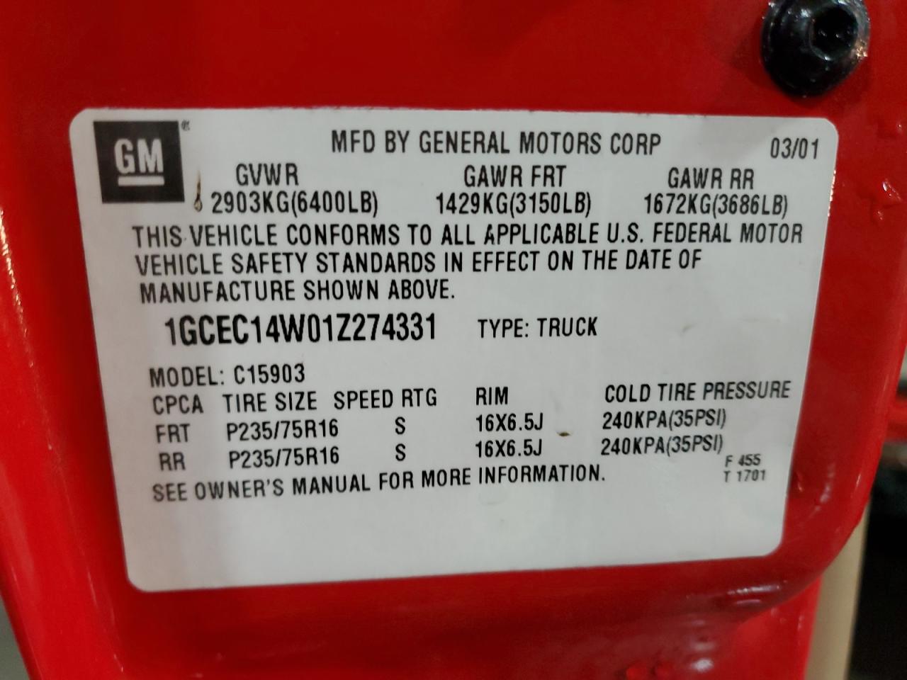 2001 Chevrolet Silverado C1500 VIN: 1GCEC14W01Z274331 Lot: 79073884