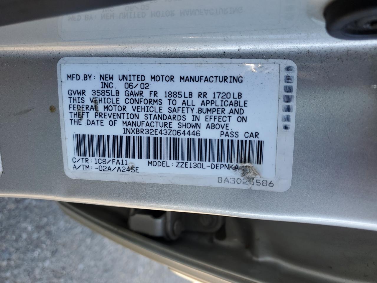 2003 Toyota Corolla Ce VIN: 1NXBR32E43Z064446 Lot: 85760384