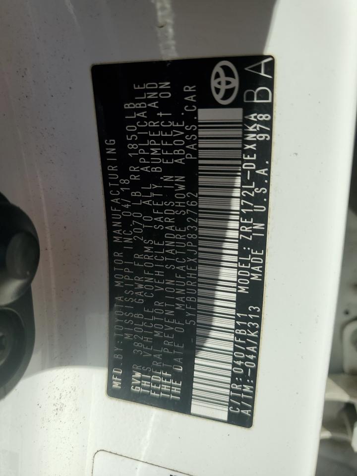 2018 Toyota Corolla L VIN: 5YFBURHEXJP832762 Lot: 85507664