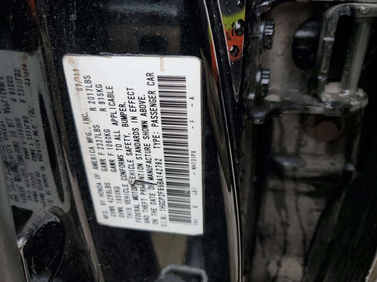 2011 Honda Accord Se VIN: 1HGCP2F69BA142782 Lot: 86292274