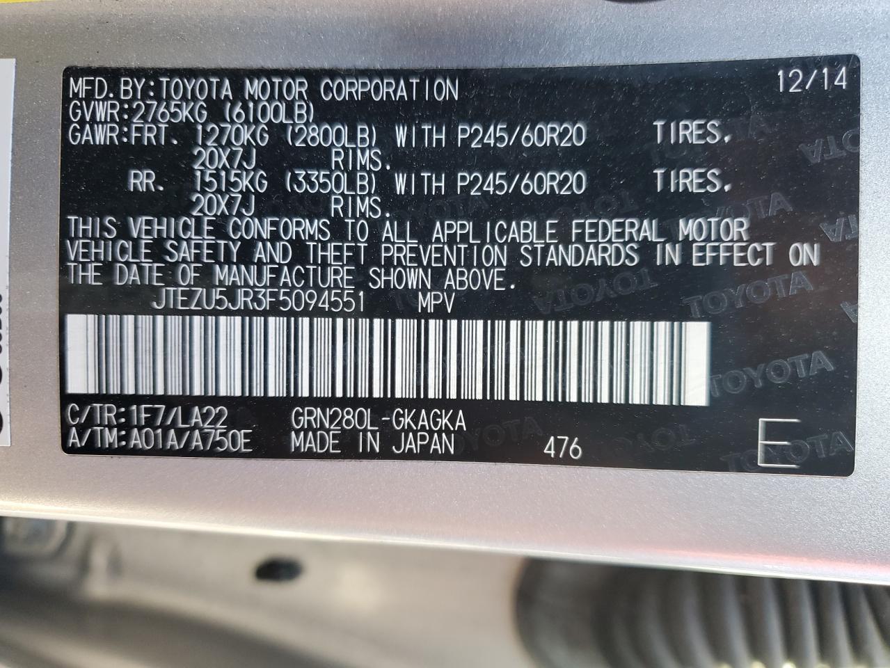 2015 Toyota 4Runner Sr5 VIN: JTEZU5JR3F5094551 Lot: 72020775