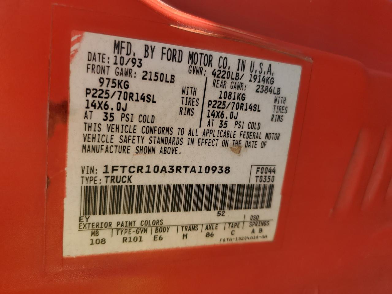 1994 Ford Ranger VIN: 1FTCR10A3RTA10938 Lot: 87162454