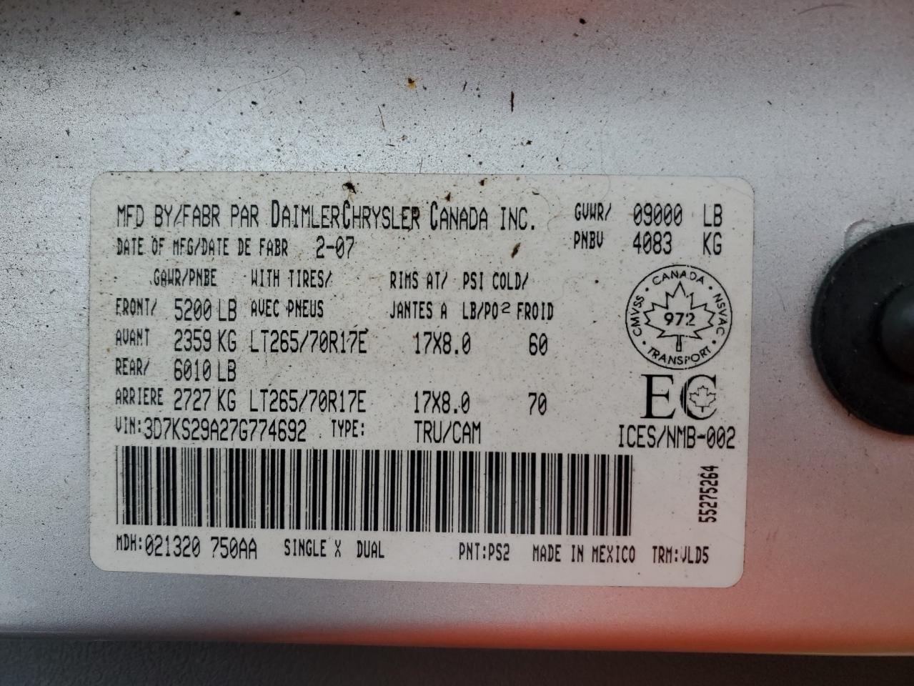 2007 Dodge Ram 2500 VIN: 3D7KS29A27G774692 Lot: 83642634