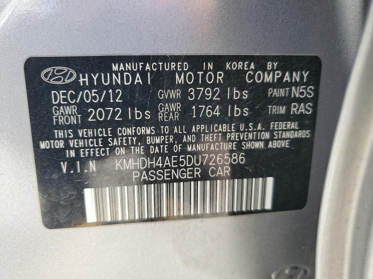 VIN KMHDH4AE5DU726586 2013 HYUNDAI ELANTRA no.12