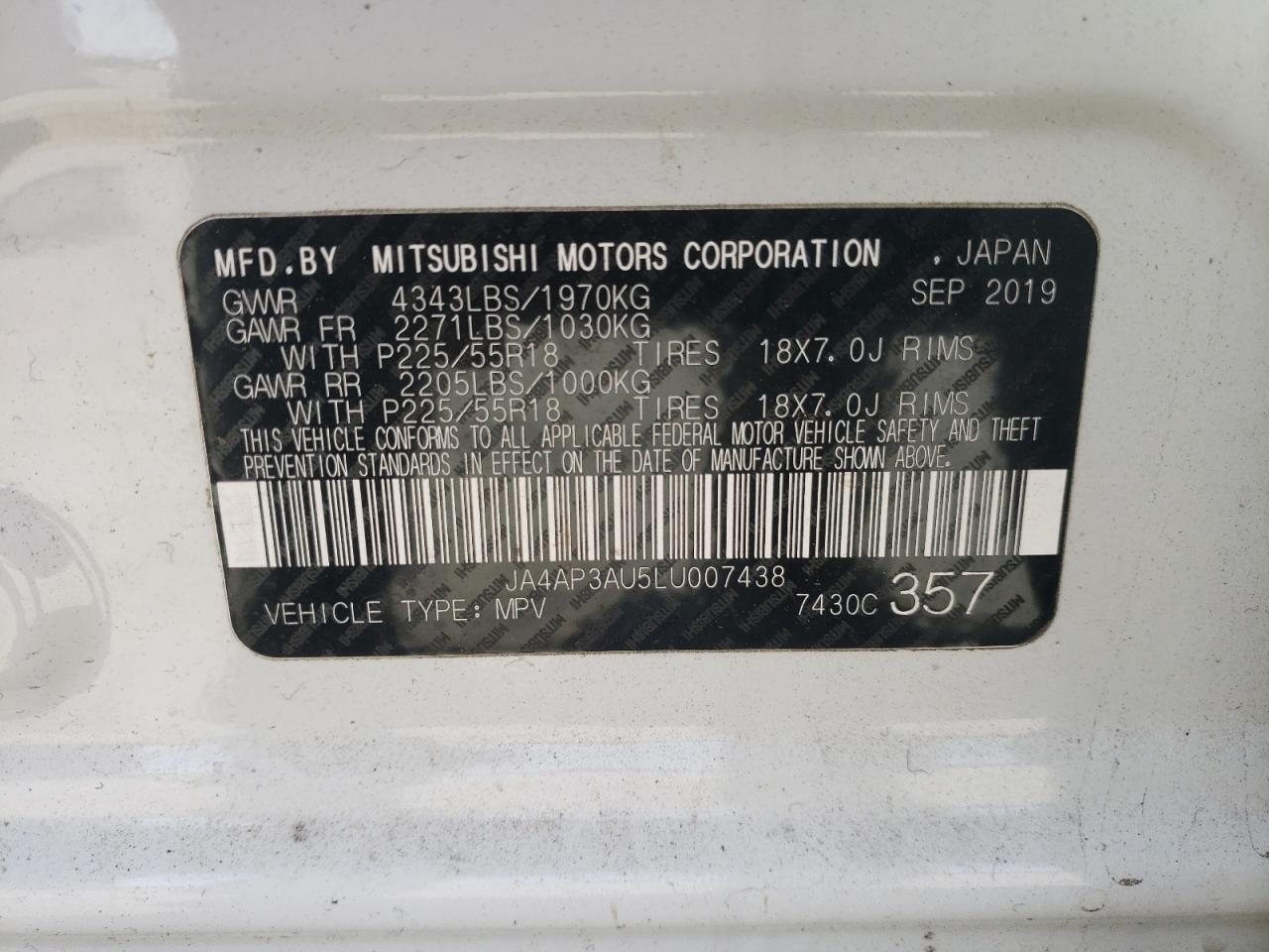 2020 Mitsubishi Outlander Sport Es VIN: JA4AP3AU5LU007438 Lot: 83233474